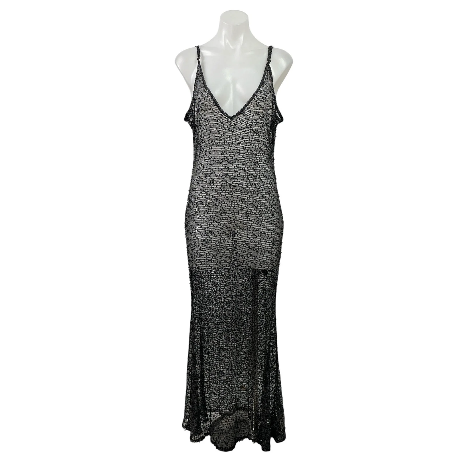 NEW PrettyLittleThing Black Sequin V Neck Sheer Cami Tank Maxi Dress Size 12
