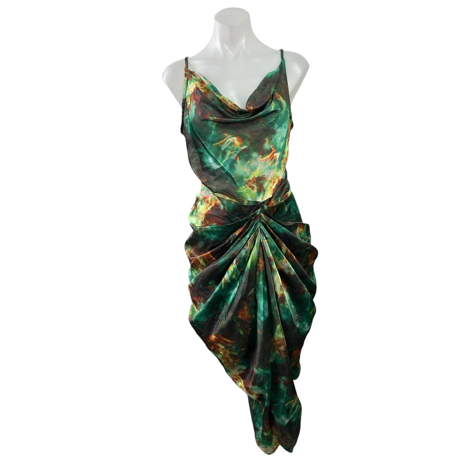 NEW PrettyLittleThing Green Satin Cowl Neck Gathered Sheath Midi Dress Size 8