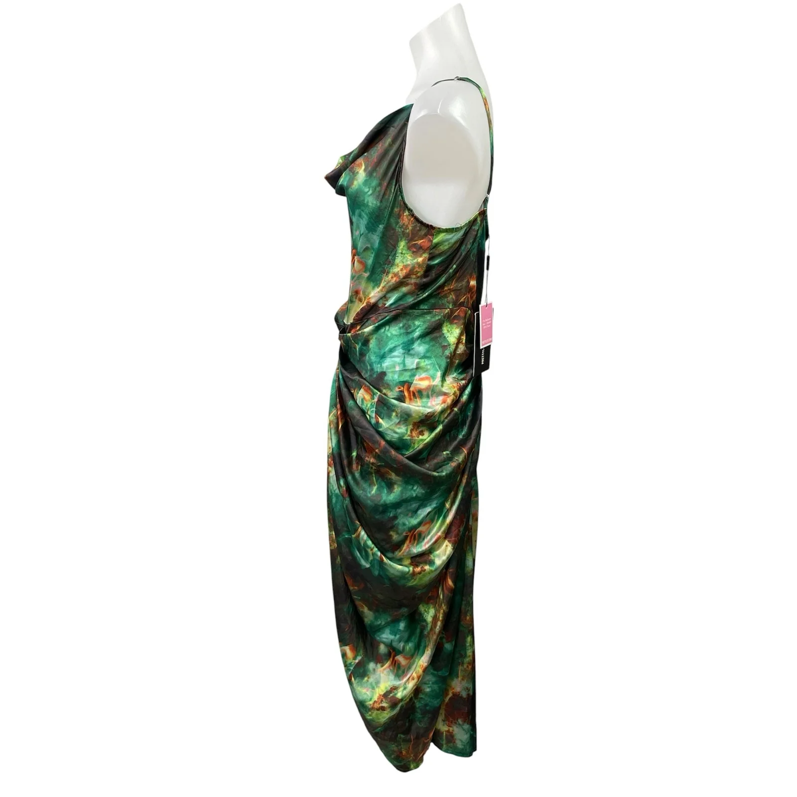 NEW PrettyLittleThing Green Satin Cowl Neck Gathered Sheath Midi Dress Size 8 - Image 2