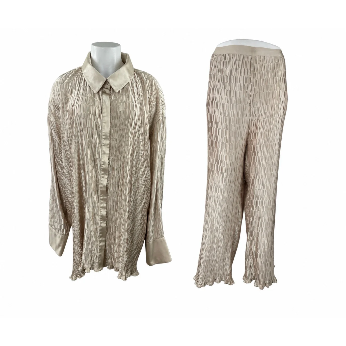 NEW PrettyLittleThing Oatmeal Beige Plisse Oversized Shirt Pants Set Size 26 - Image 2