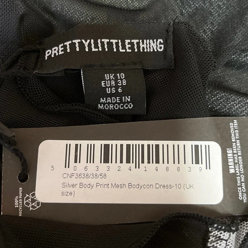 NEW PrettyLittleThing Silver Body Print Mesh Sleeveless Bodycon Mini Dress Sz 6 - Image 4