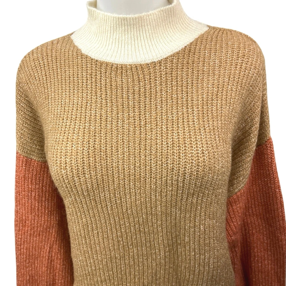 NEW Primark Brown Tan Colorblock Mock Neck Chunky Knit Pullover Sweater Top L - Image 3