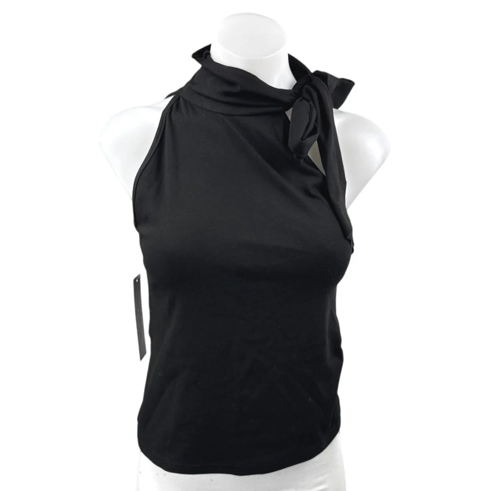 NEW Princess Polly Mathias Black Sleeveless Tie High Neck Blouse Crop Top Size 6