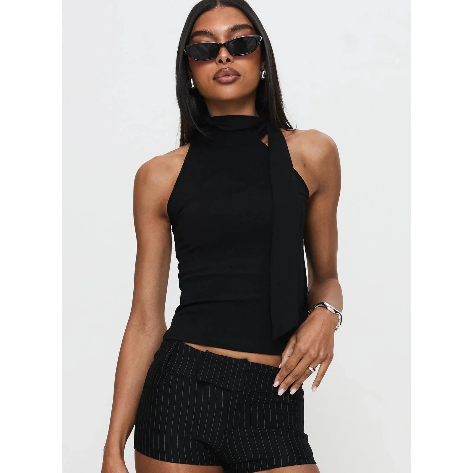 NEW Princess Polly Mathias Black Sleeveless Tie High Neck Blouse Crop Top Size 6 - Image 3