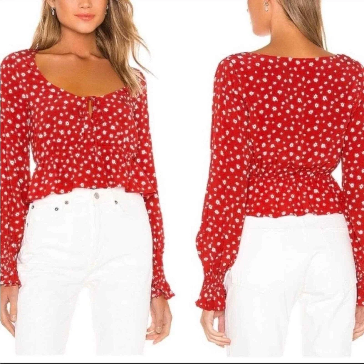 NEW Privacy Please Red Floral Long Sleeve Scoop Peplum Blouse Crop Top Size XS - Image 3