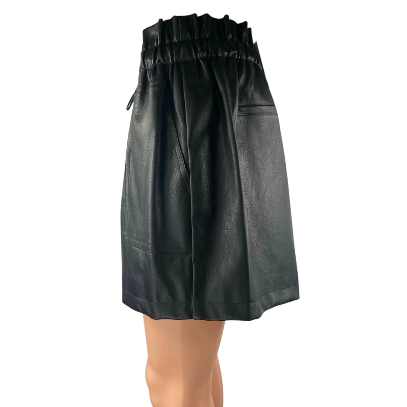 NEW Qianxizhan Black Faux Leather Vegan High Rise Paperbag Mini Shorts Size XL - Image 2