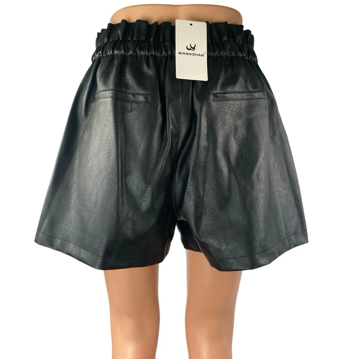 NEW Qianxizhan Black Faux Leather Vegan High Rise Paperbag Mini Shorts Size XL - Image 3
