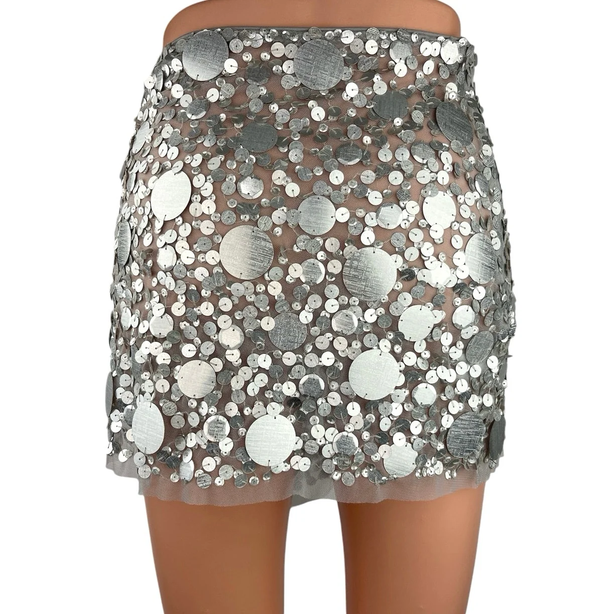 NEW Revolve x Lovers & Friends Quinn Embelished Sequin Silver Coachella Skirt S - Image 3