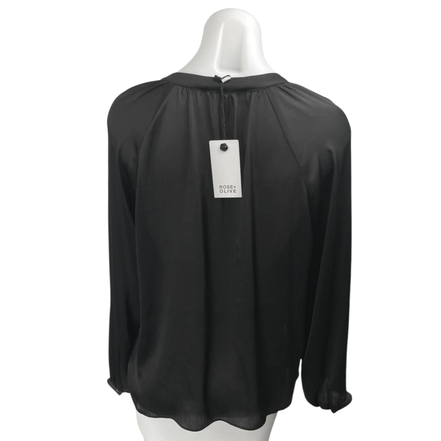NEW Rose + Olive Black Deep V-Neck Tie Front Long Sleeve Sheer Blouse Top Size M - Image 2