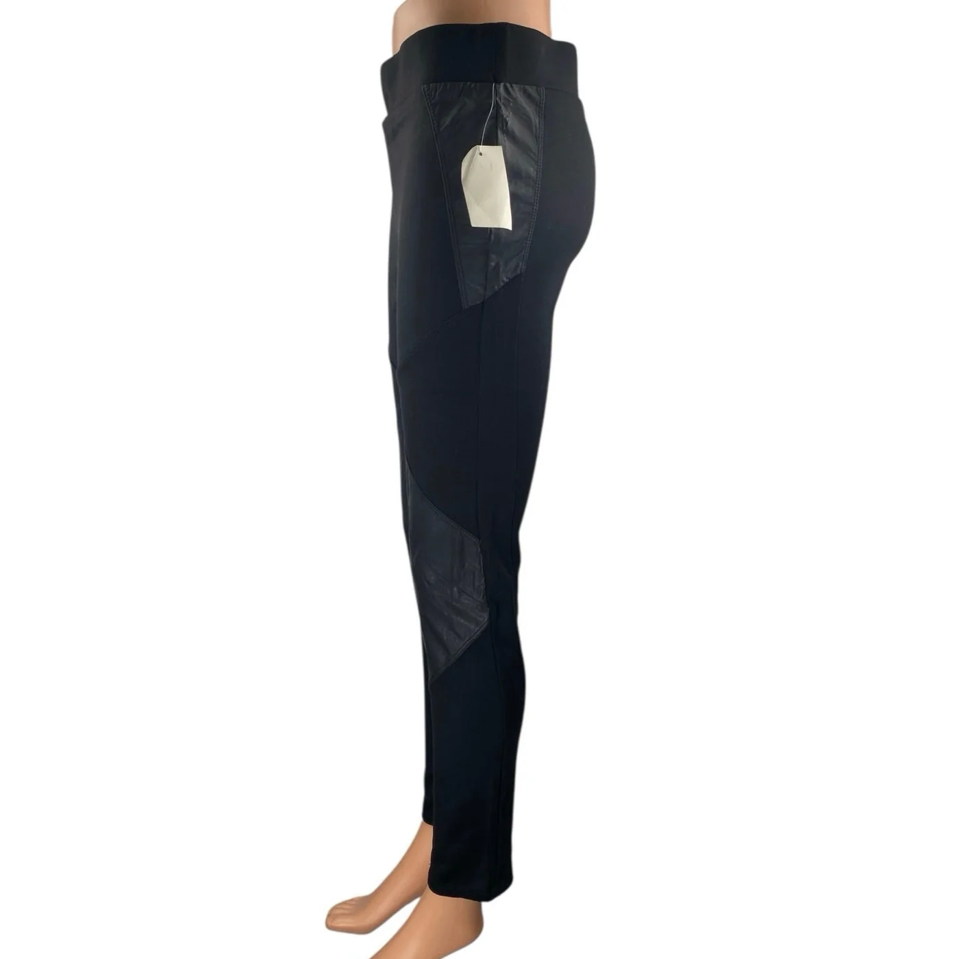 NEW Sapphire Ink Black Faux Leather Trim High Rise Skinny Trousers Pants Size M - Image 2