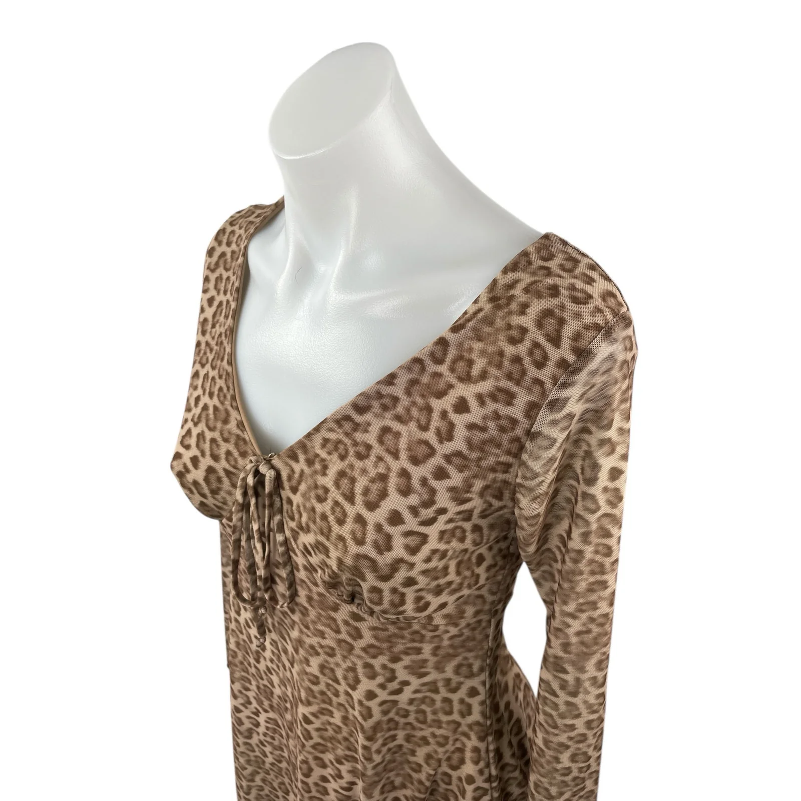NEW See You Monday Tan Leopard Long Sleeve Tie V Neck A Line Mini Dress Size M - Image 3