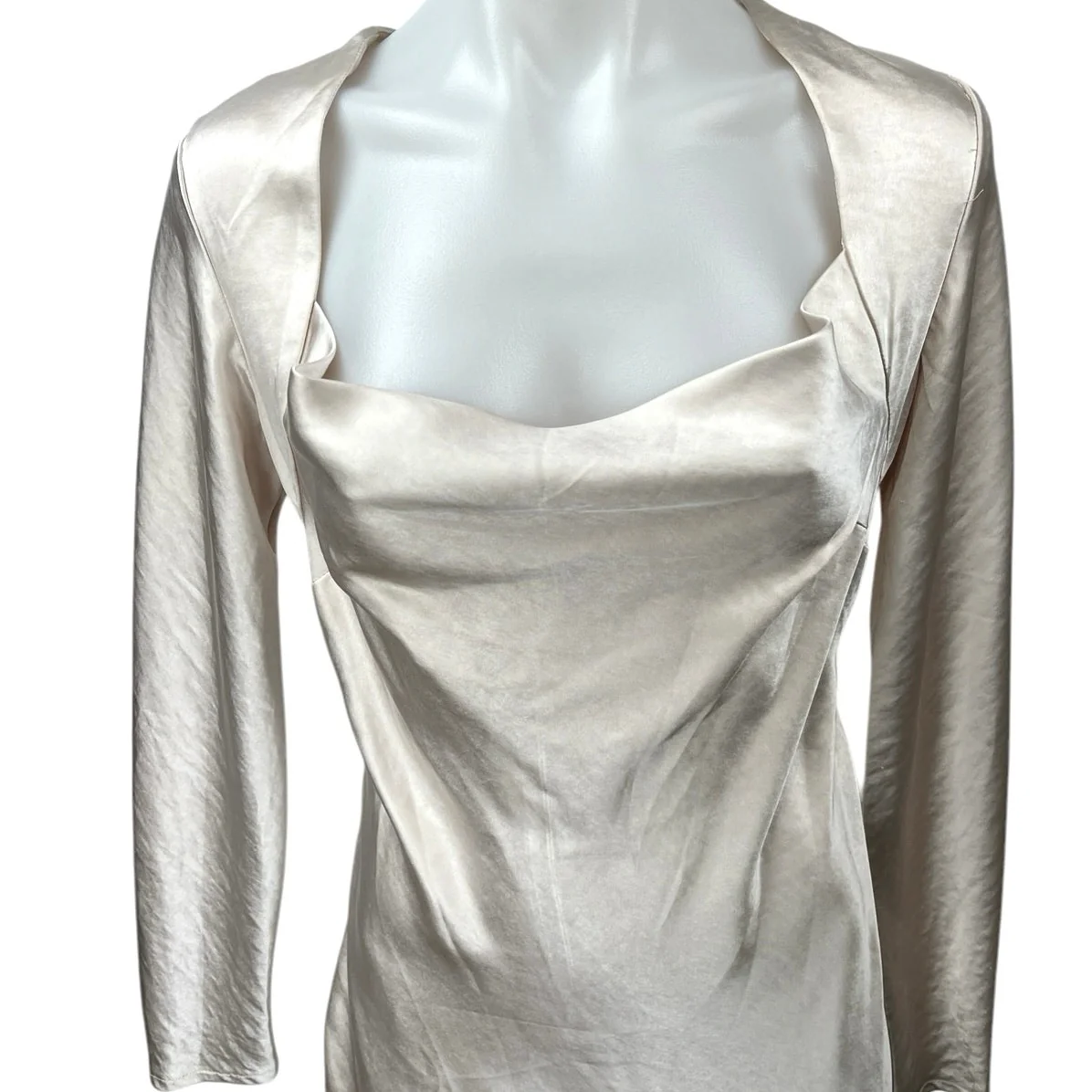 NEW Selfie Leslie Beige Champagne Silk Satin Long Sleeve A Line Mini Dress XS - Image 3