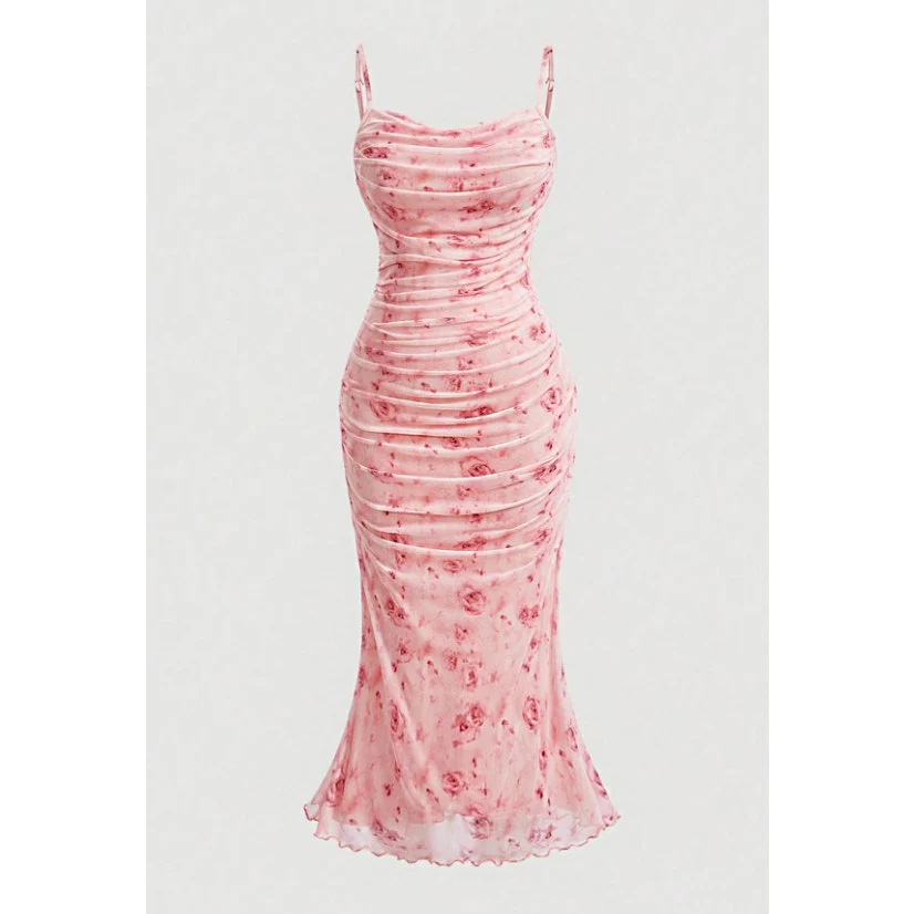 NEW Shein Pink Floral Ruched Sleeveless Cami Camisole Tank Midi Bodycon Dress M - Image 3
