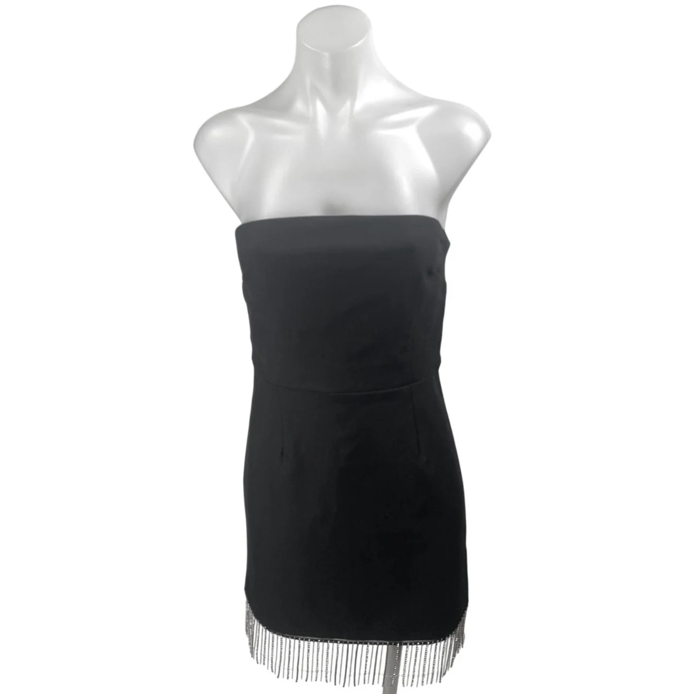 NEW Showpo. Black Shikita Strapless Bandeau Tube Fringe Hem Mini Dress Size 8