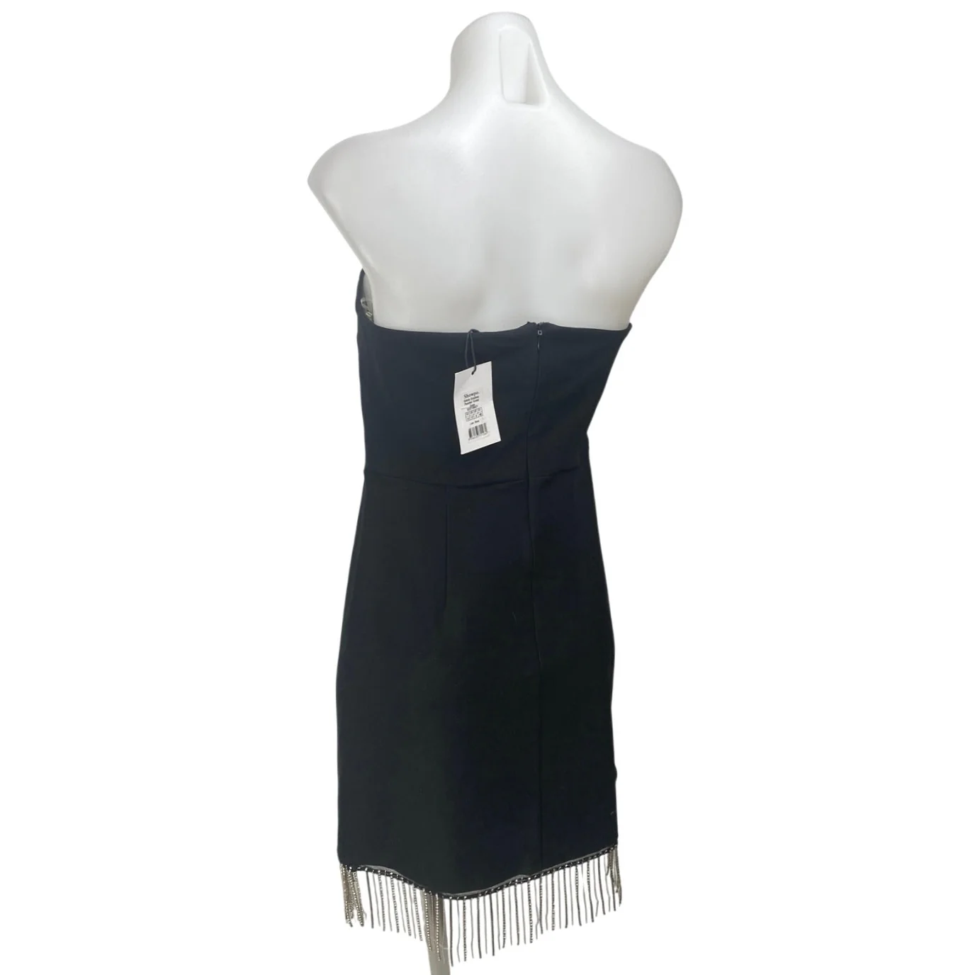 NEW Showpo. Black Shikita Strapless Bandeau Tube Fringe Hem Mini Dress Size 8 - Image 2
