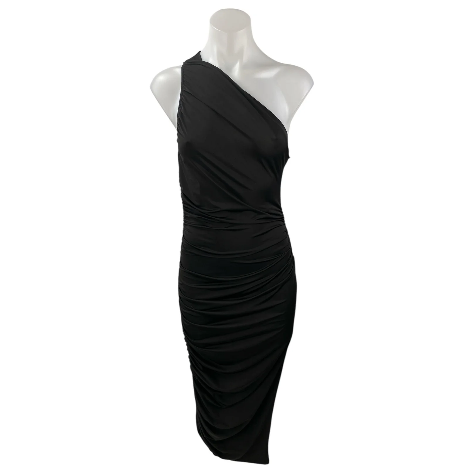 NEW Sincerely Jules Black Sleeveless One Shoulder Ruched Midi Bodycon Dress Sz M