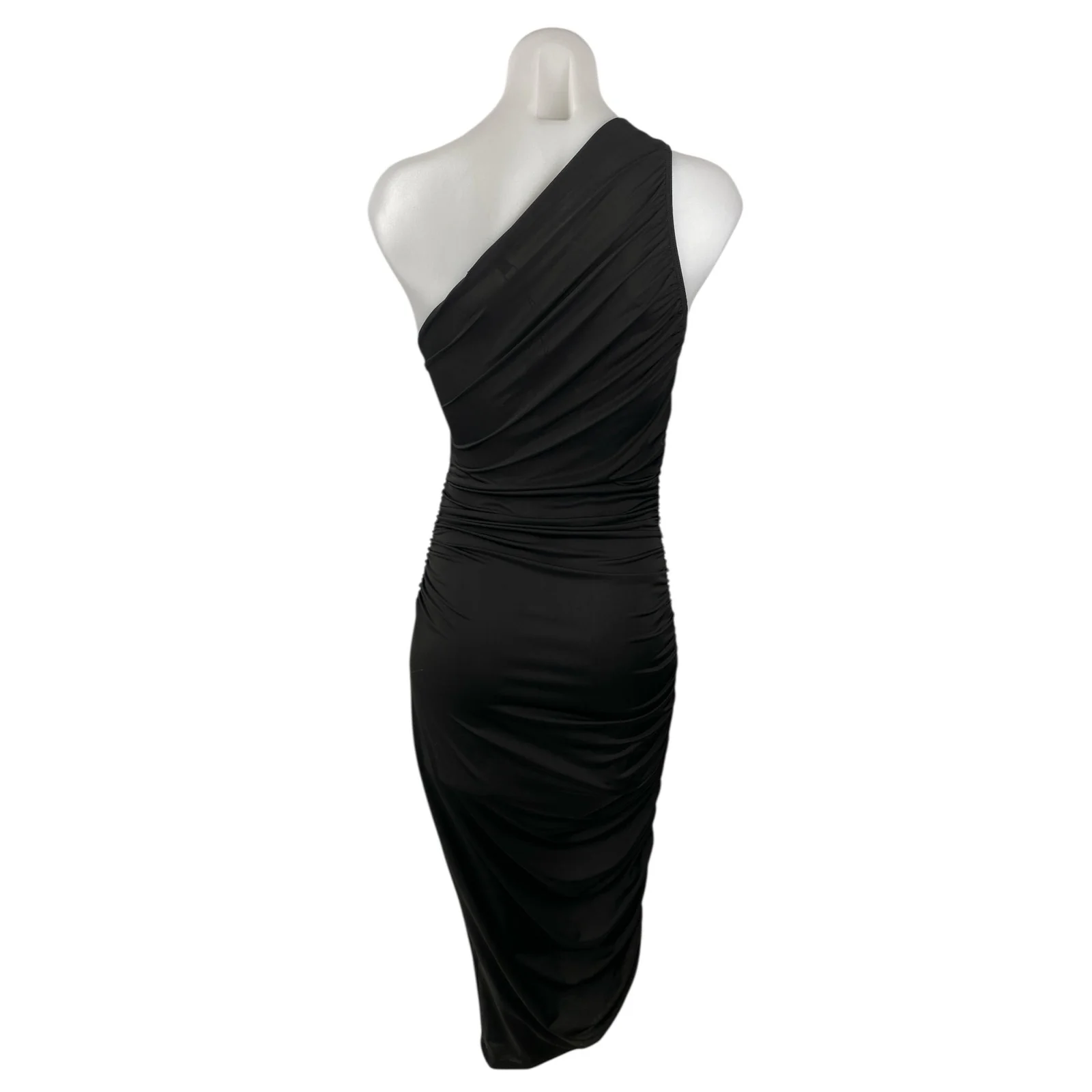NEW Sincerely Jules Black Sleeveless One Shoulder Ruched Midi Bodycon Dress Sz M - Image 2
