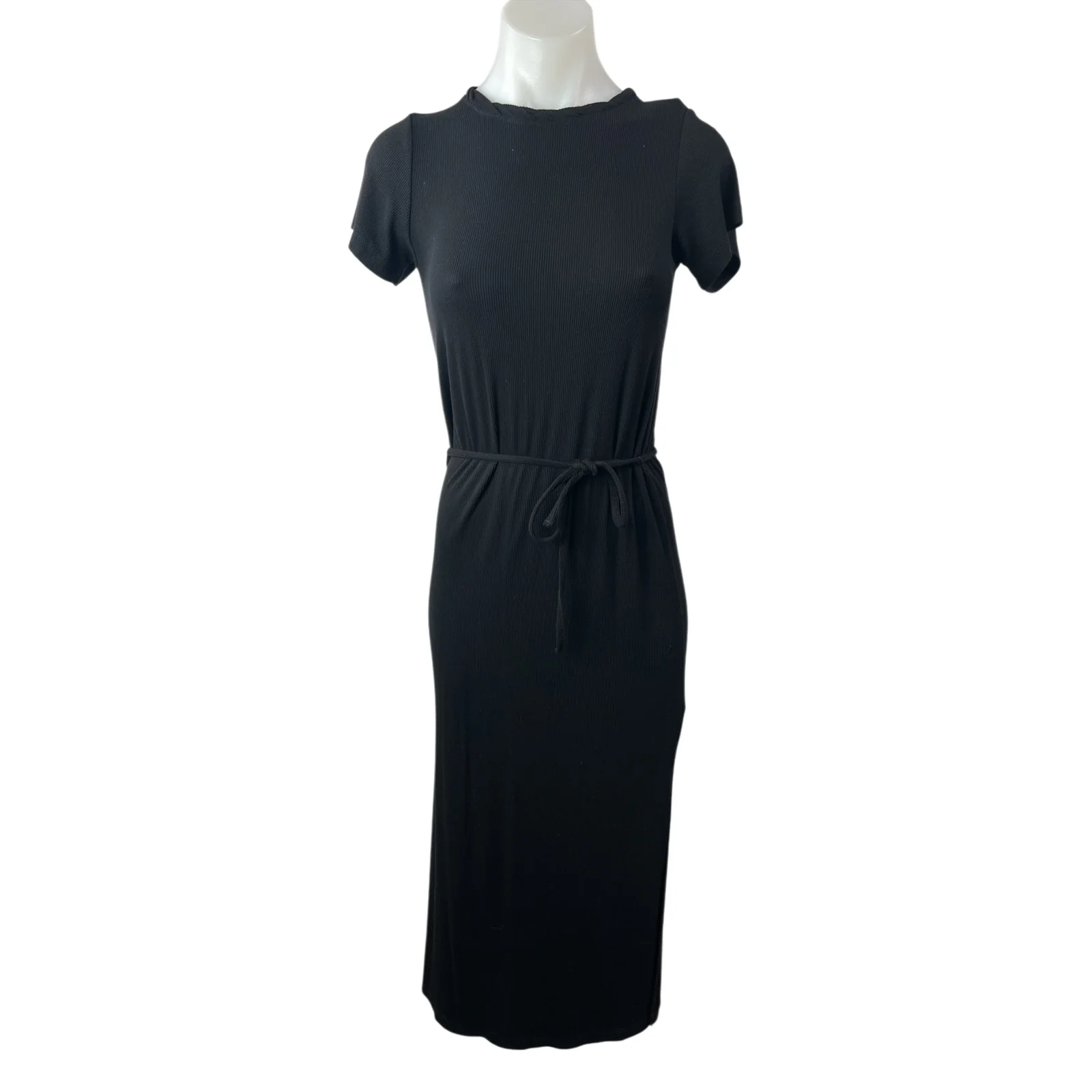 NEW Splendid Black Ribbed Short Sleeve Tie Waist Midi Bodycon T-Shirt Dress XS