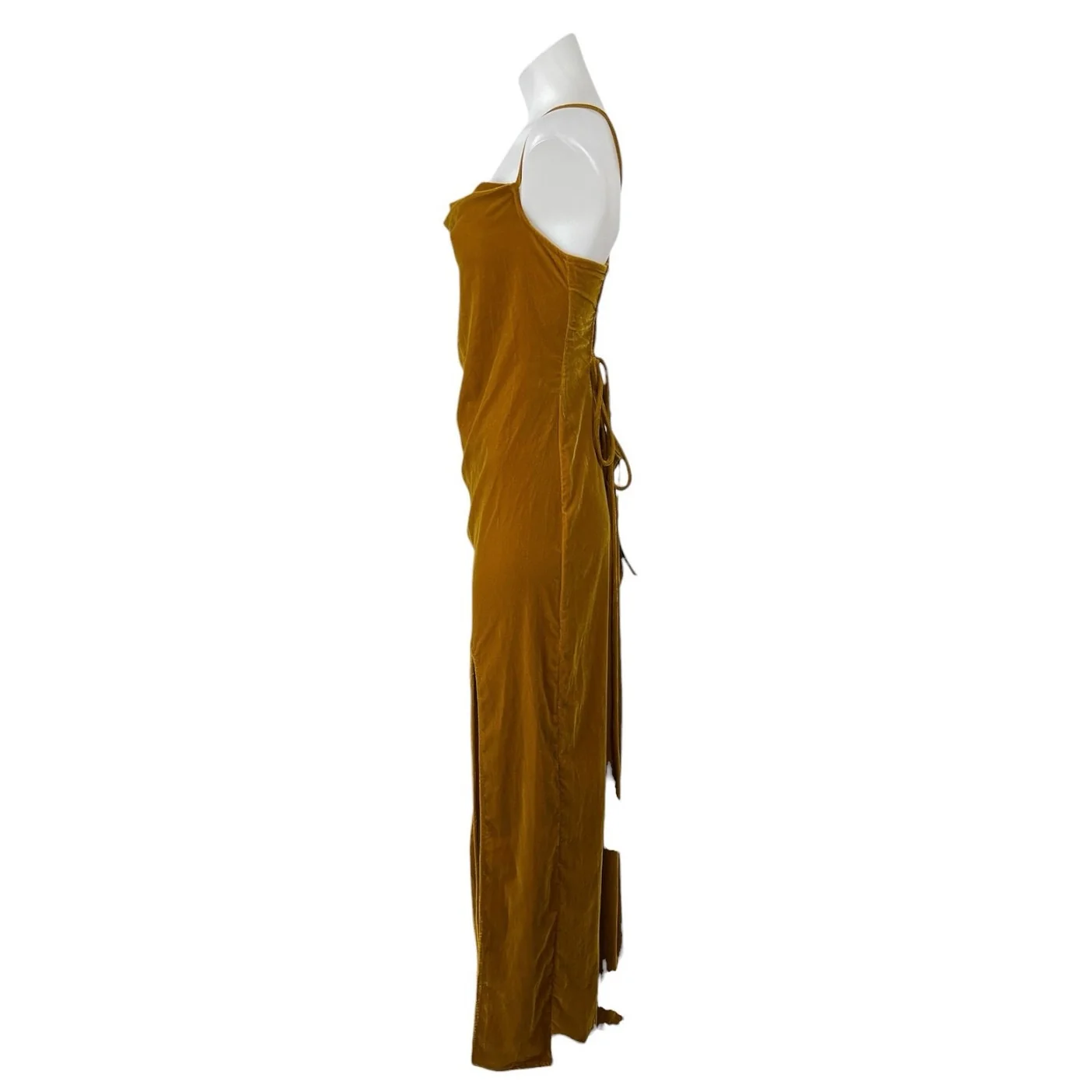 NEW Staud Gold Velvet Velour Cowl Neck Slit Lace Up Back Maxi Slip Dress Size L - Image 2