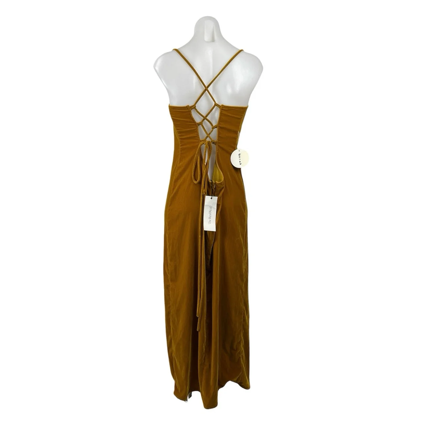 NEW Staud Gold Velvet Velour Cowl Neck Slit Lace Up Back Maxi Slip Dress Size L - Image 3
