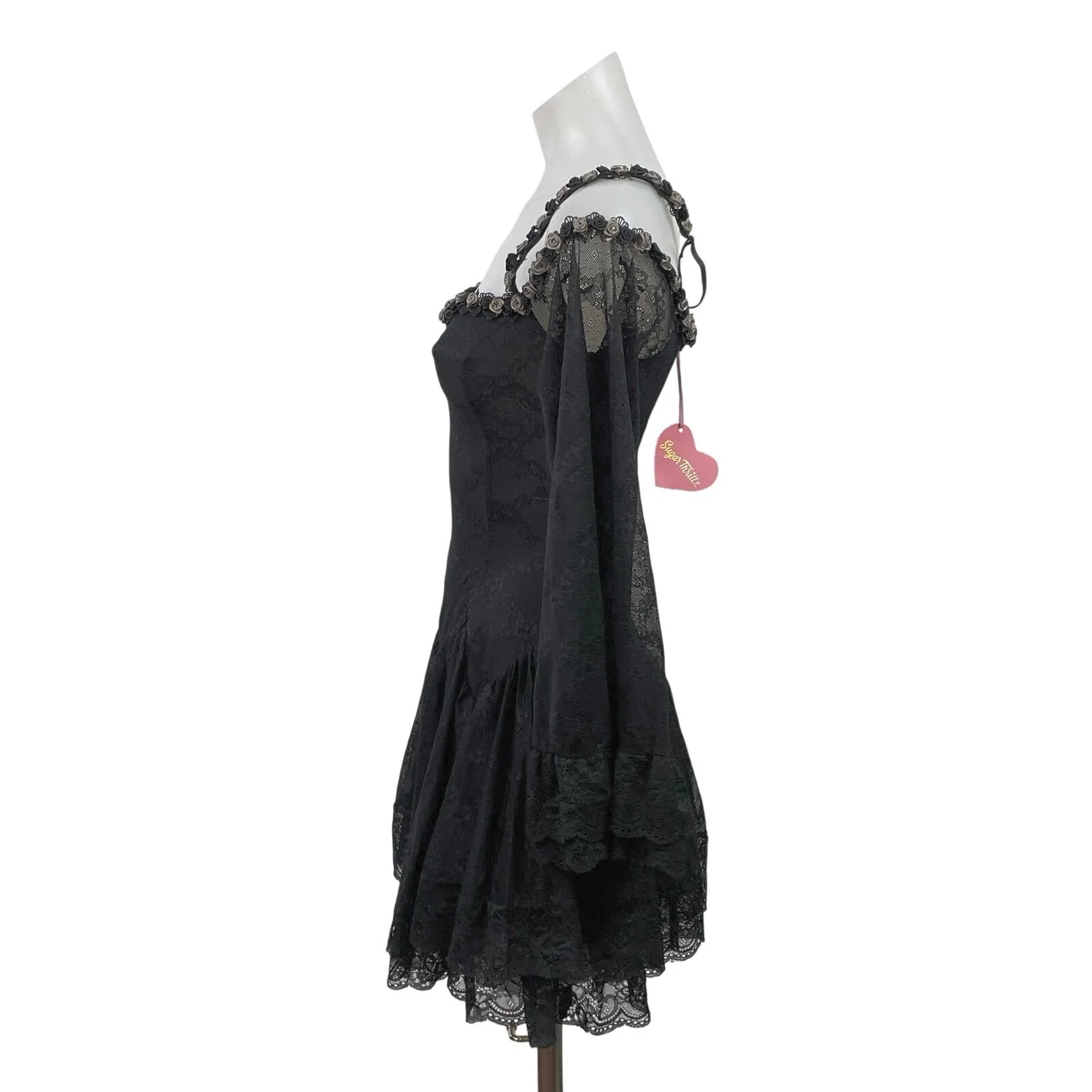 NEW Sugar Thrillz Black Lace Sheer Flowers Long Bell Sleeve Mini A-Line Dress XS - Image 2