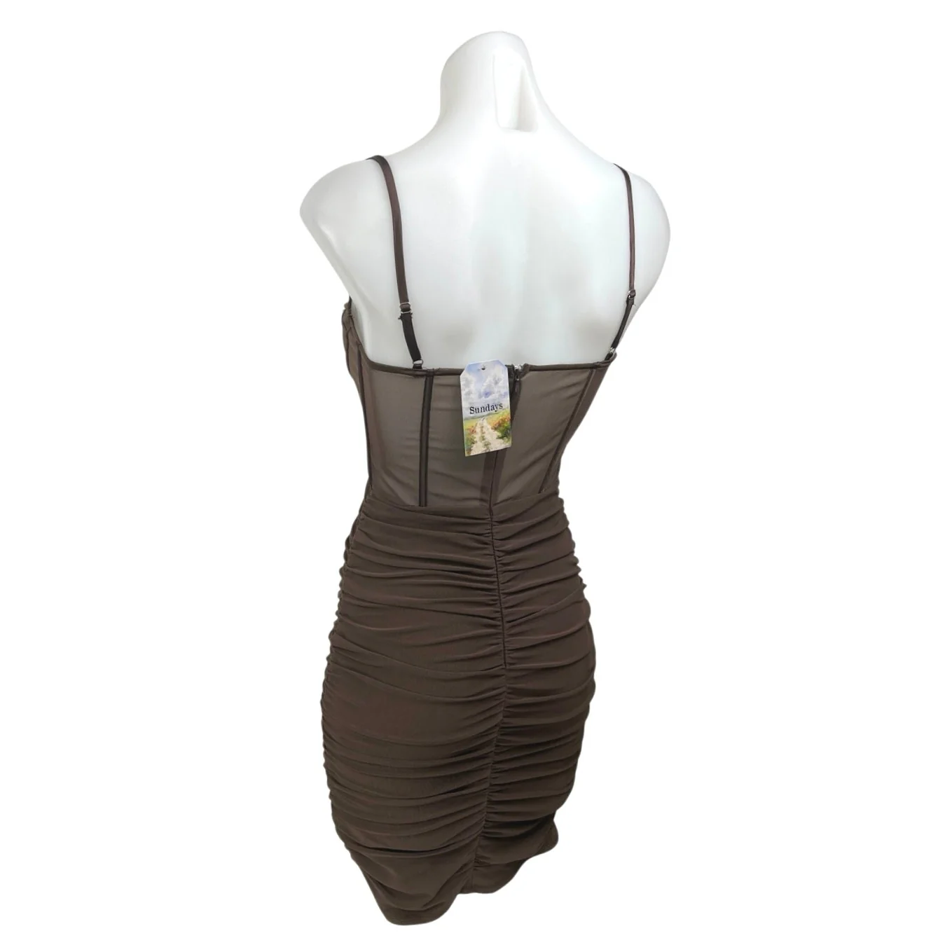 NEW Sundays Brown Ruched Sleeveless Cami Camisole Bodycon Corset Tank Dress Sz M - Image 2