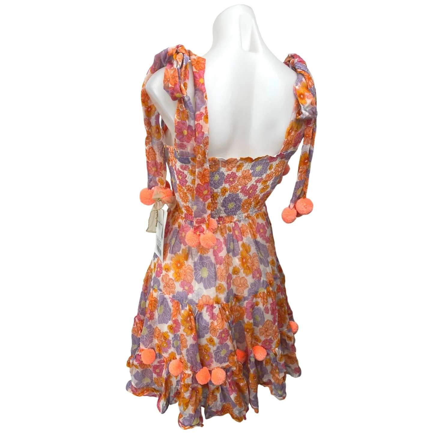 NEW Sundress Pippa Orange Sleeveless Pom Pom Smocked Mini Fit & Flare Dress XS - Image 2