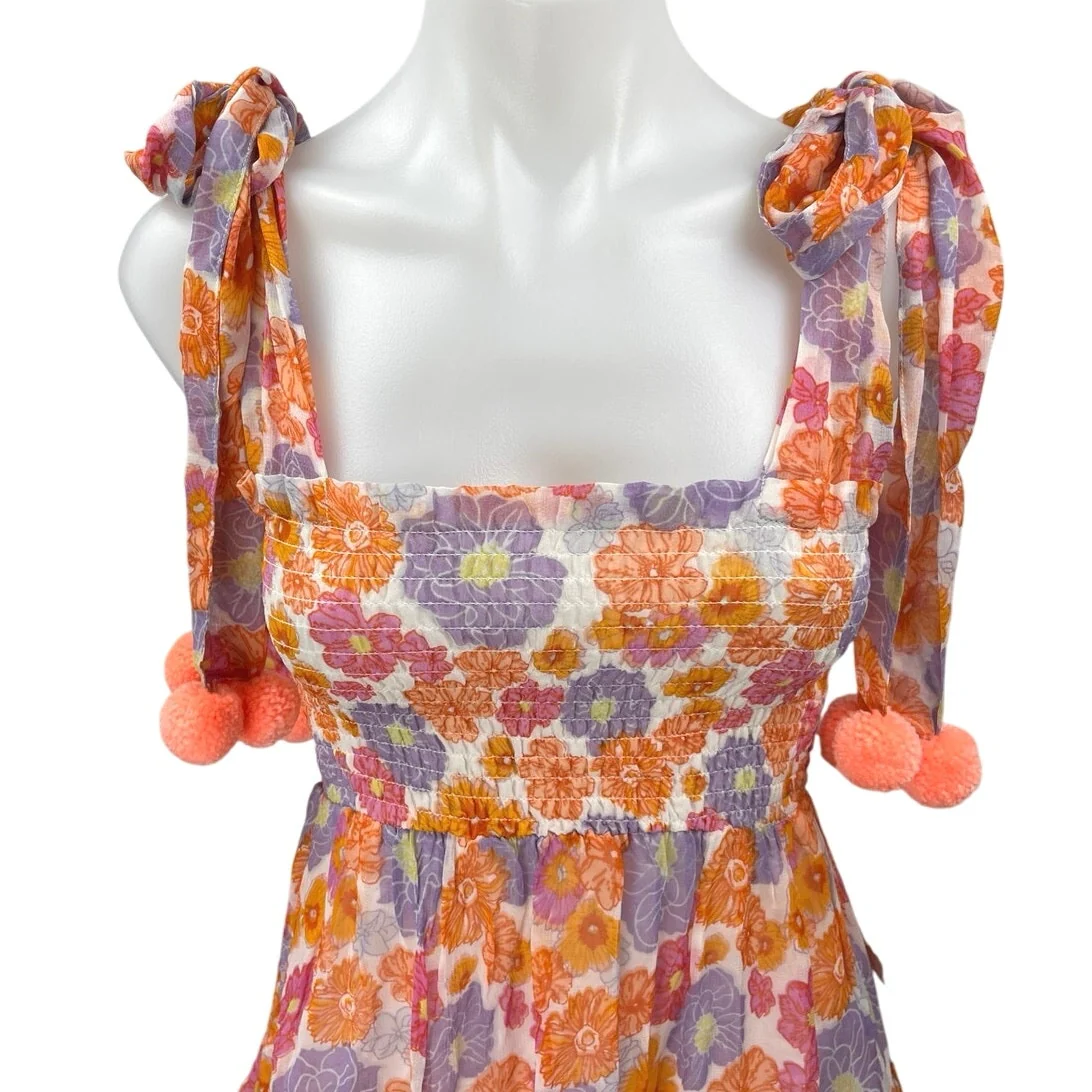 NEW Sundress Pippa Orange Sleeveless Pom Pom Smocked Mini Fit & Flare Dress XS - Image 3