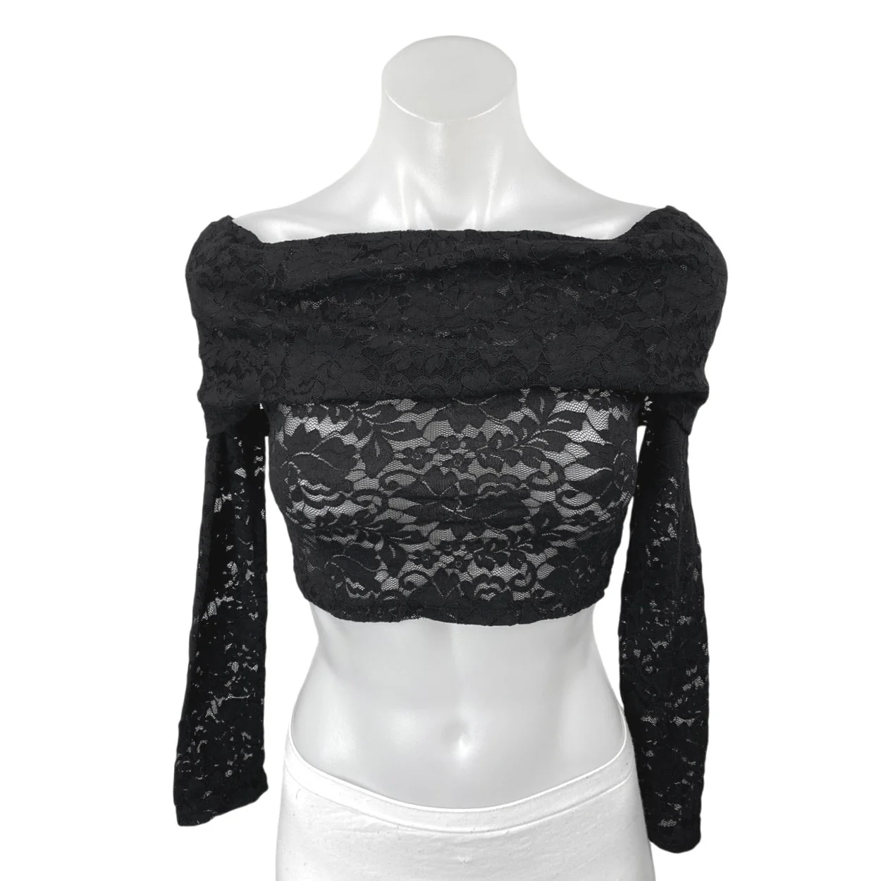 NEW Superdown Black Lace Floral Long Sleeve Off The Shoulder Crop Top Size XS