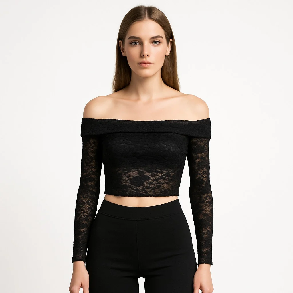 NEW Superdown Black Lace Floral Long Sleeve Off The Shoulder Crop Top Size XS - Image 2