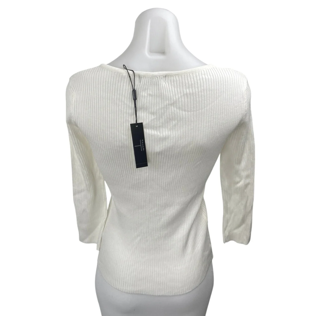 NEW T Tahari Ivory Boat Neck Gold Metal Chain Rib Knit 3/4 Sleeve Cutout Top S - Image 2