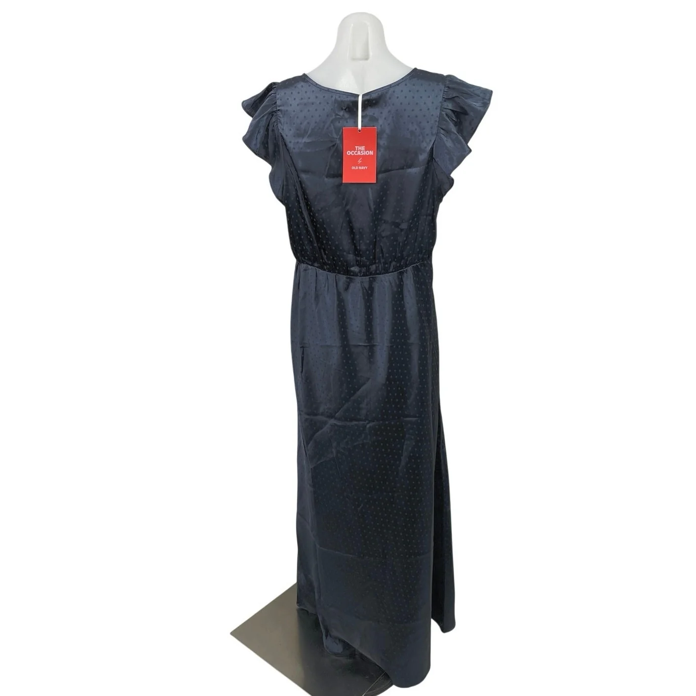 \\+NEW The Occasion by Old Navy Blue Satin Flutter Sleeve V Neck Polka Dot Dress L - Image 3