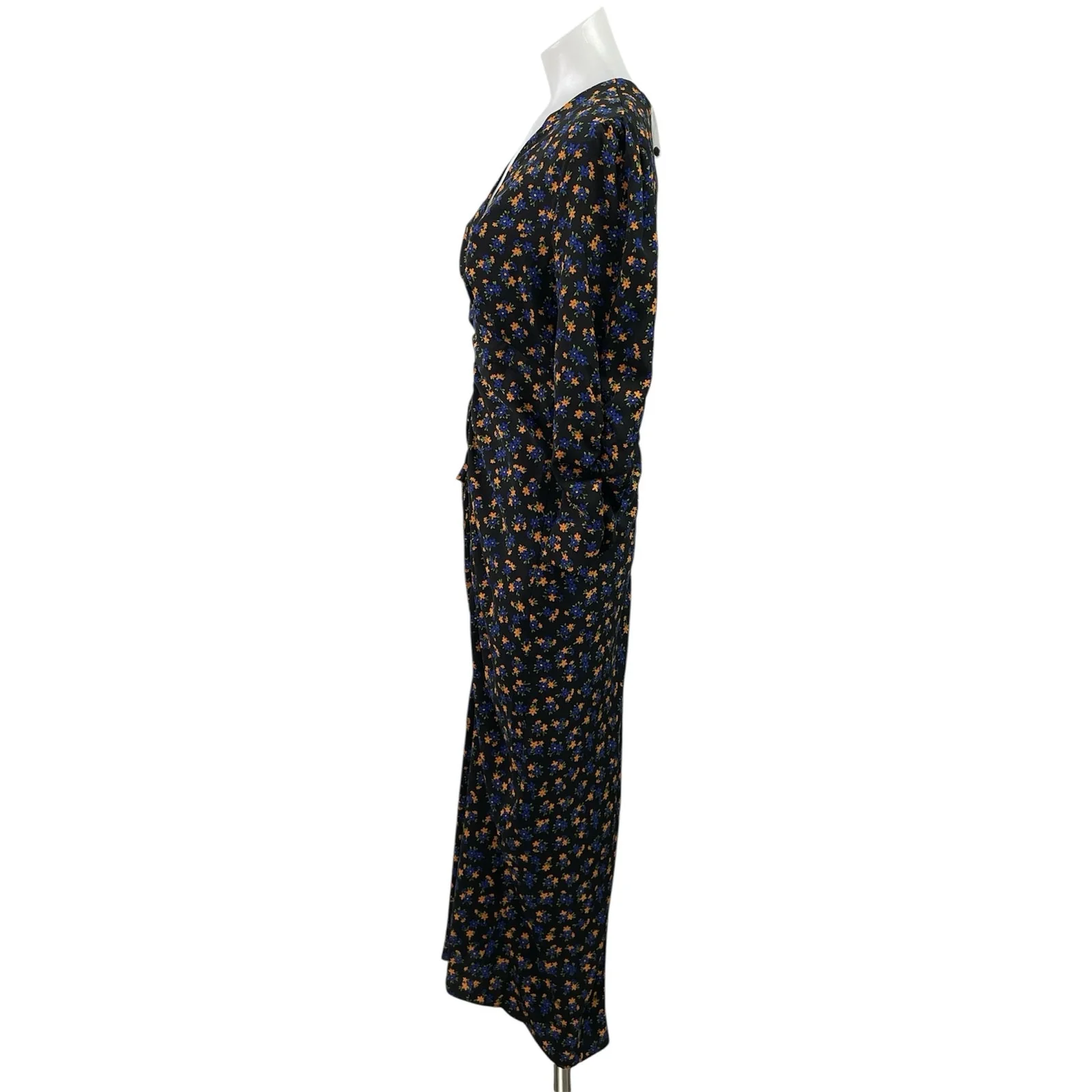 NEW Topshop Black Floral V Neck Long Sleeve Ruched Midi Sheath Dress Size 8 - Image 2