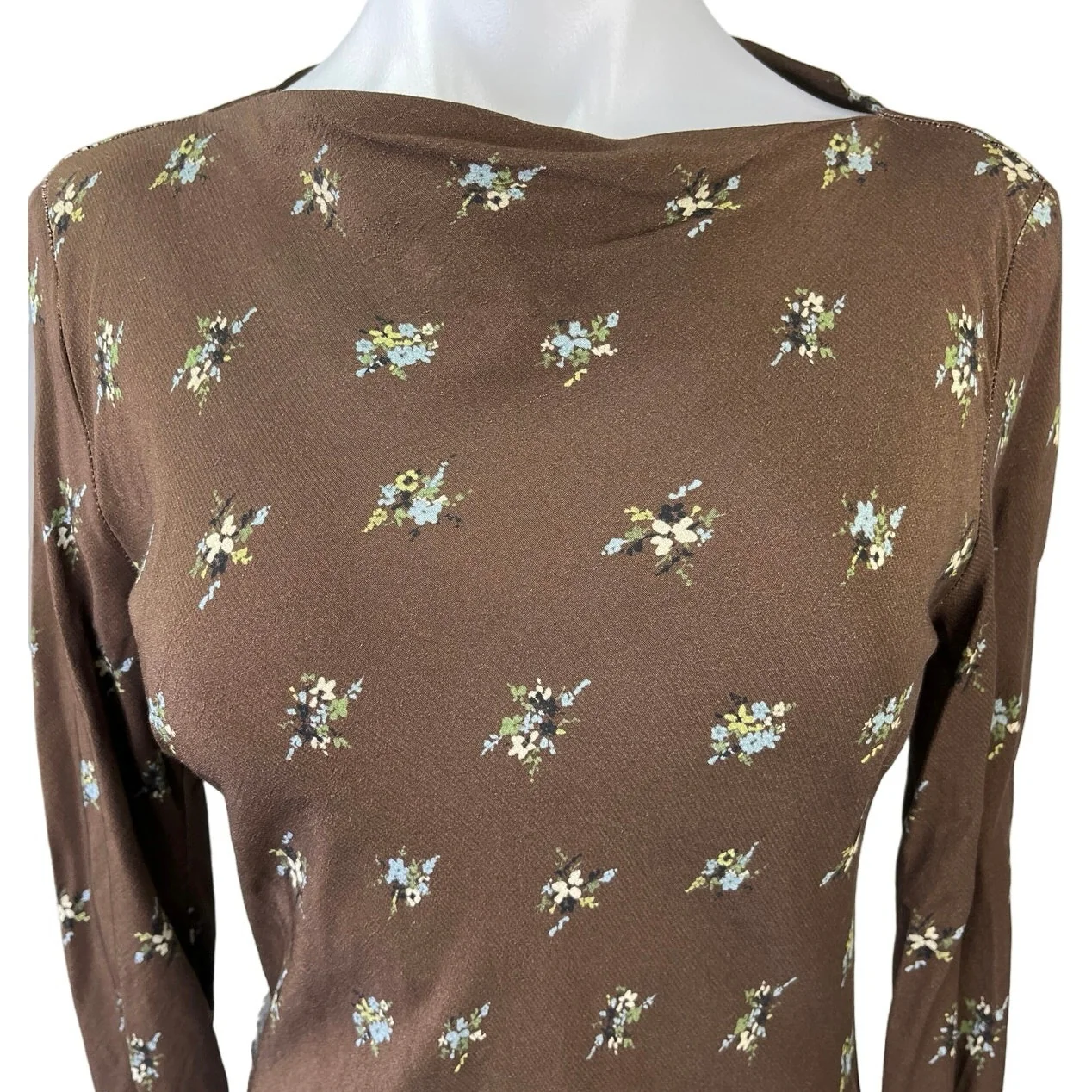 NEW Topshop Brown Ditsy Floral Print Slash Neck Long Sleeve Slim Maxi Dress Sz 2 - Image 3