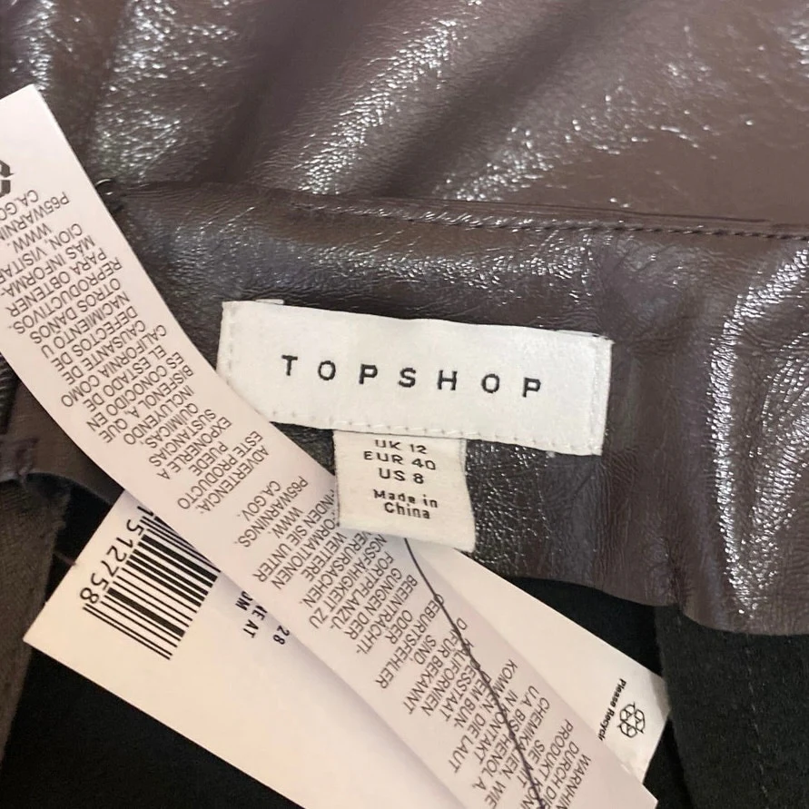 NEW Topshop Brown Faux Vegan Leather High Waist Zipper Mini A-Line Skirt Size 8 - Image 4