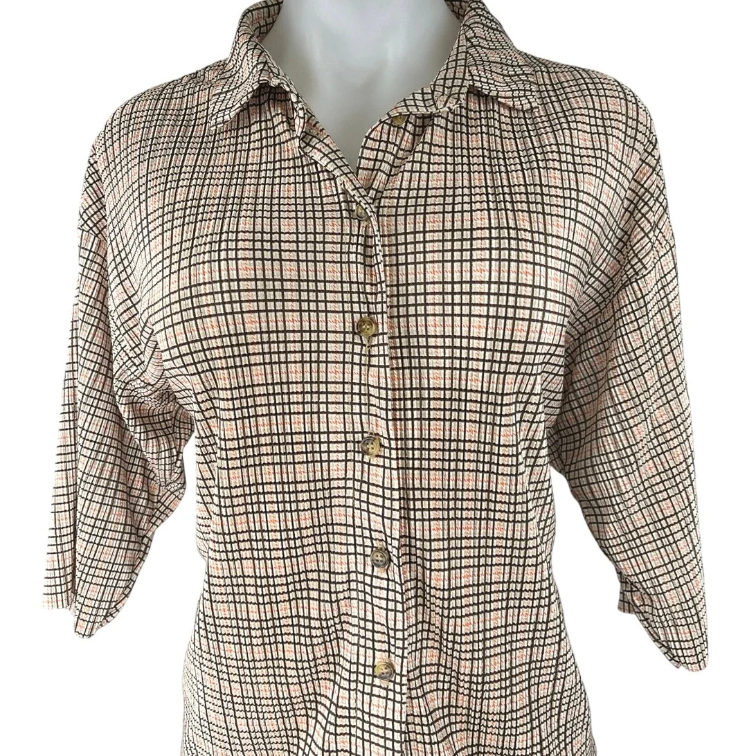 NEW Topshop Tan Plaid Checkered Plisse Button Down Shirt & Flared Pants Set 0 - Image 3