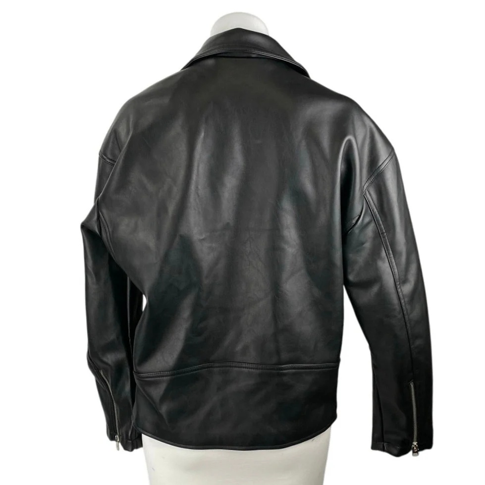 NEW Topshop Women's Black Faux Vegan Leather Zip Up Long Sleeve Moto Jacket Sz 4 - Image 3