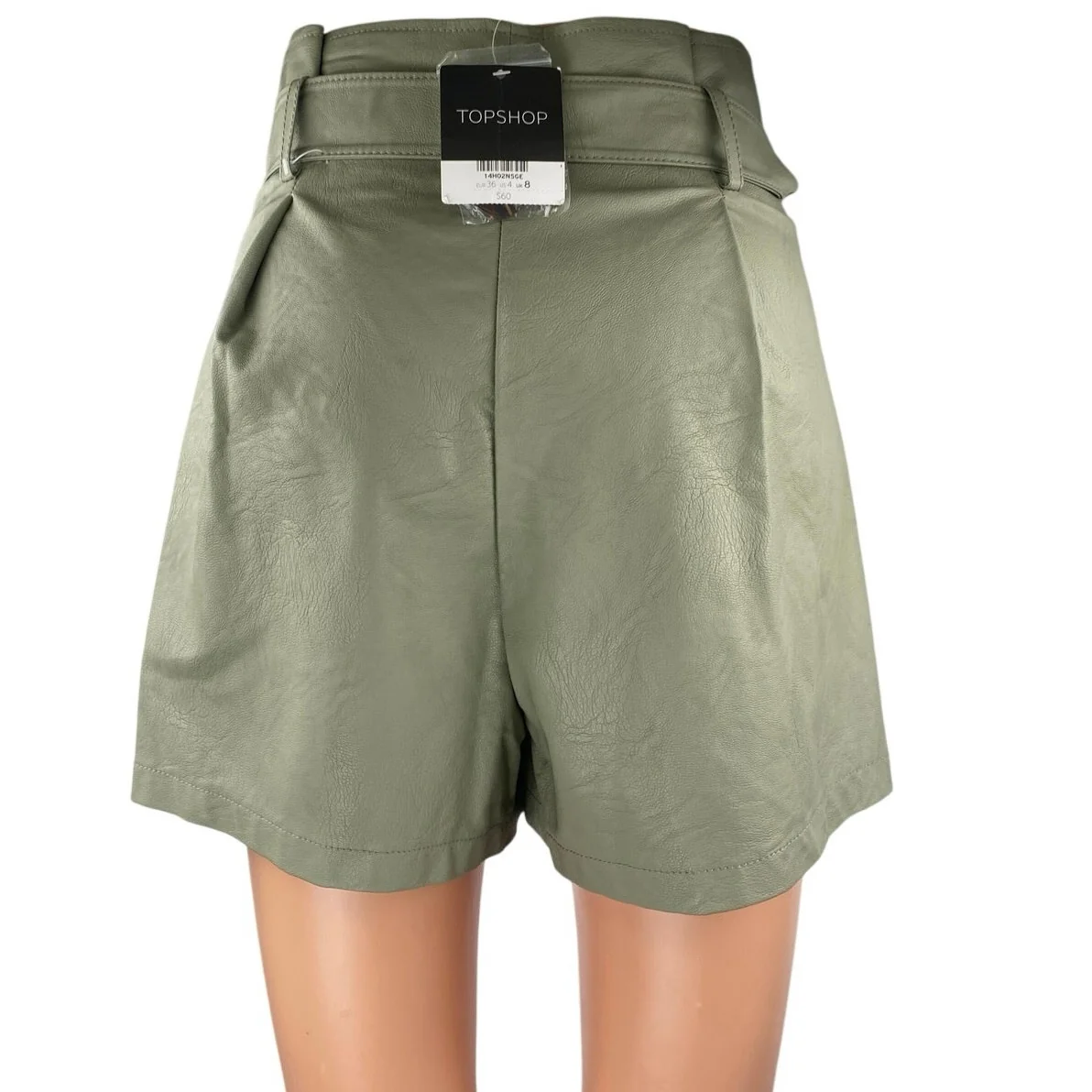 NEW Topshop Women's Green Faux Leather Vegan High Rise Paperbag Shorts Size 4 - Image 3