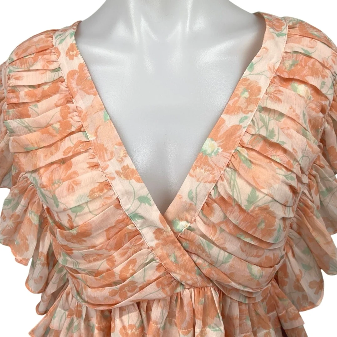 NEW Tularosa Kaia Orange Floral Ruffle Short Sleeve Peplum Crop Blouse Top Sz M - Image 3