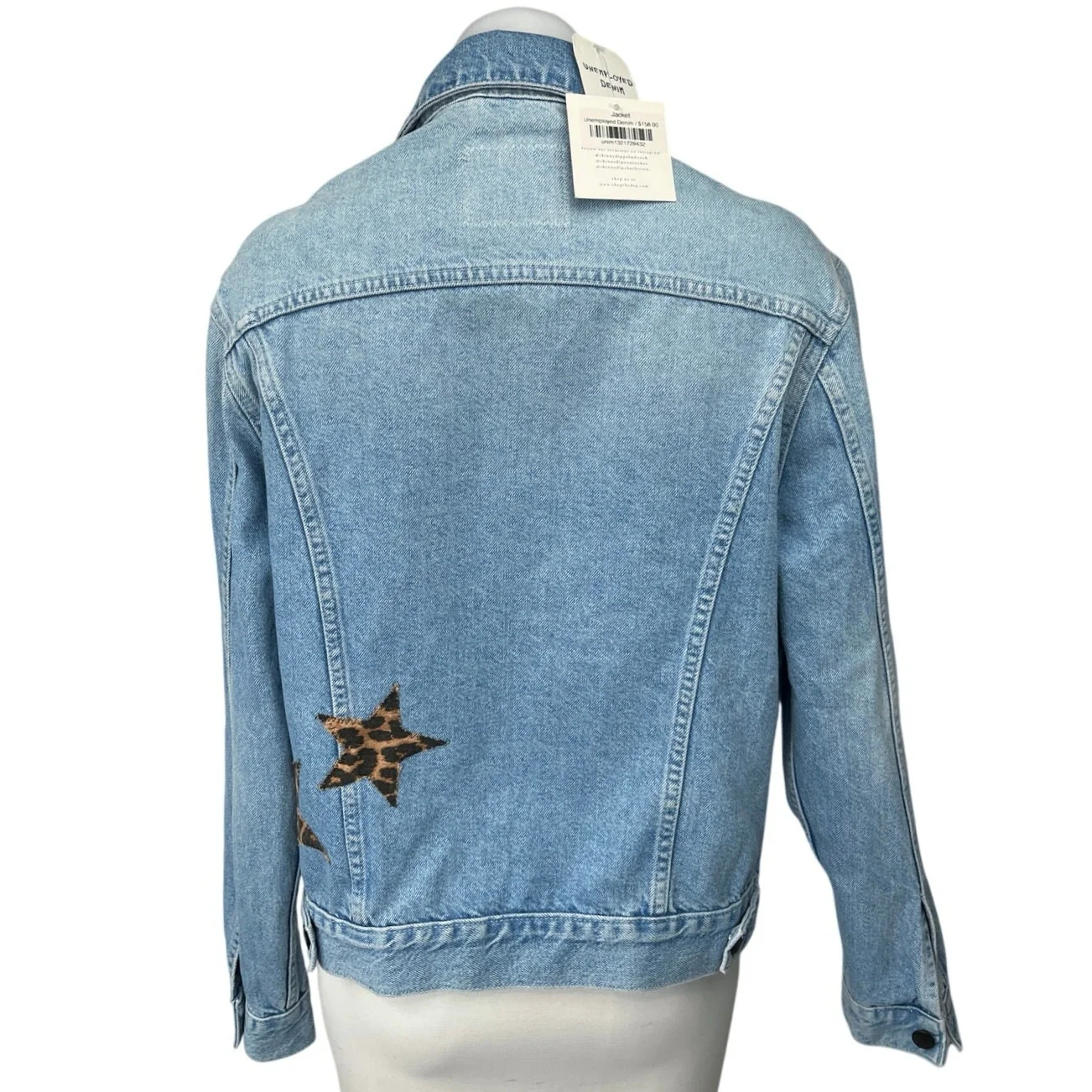 NEW Unemployed Denim Blue Star Leopard Patches Button Collar Jean Coat Jacket M - Image 2