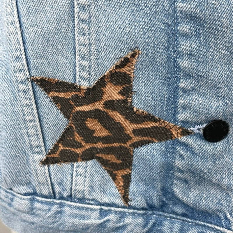 NEW Unemployed Denim Blue Star Leopard Patches Button Collar Jean Coat Jacket M - Image 4