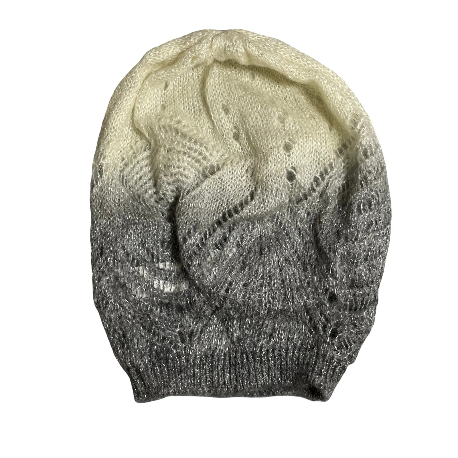 NEW Unitalla Cream Gray Open Knit Lurex Metallic Bonnet Beanie Hat Cap OS