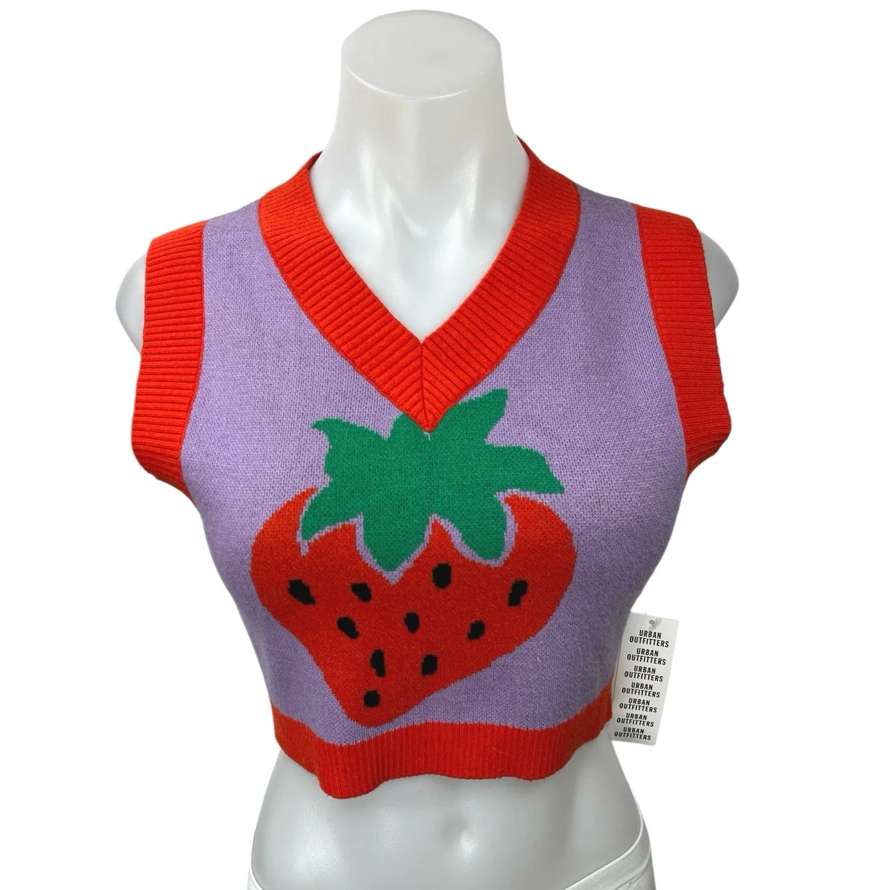 NEW Urban Outfitters Purple Red Strawberry Sleeveless Crop Sweater Vest Top Sz M