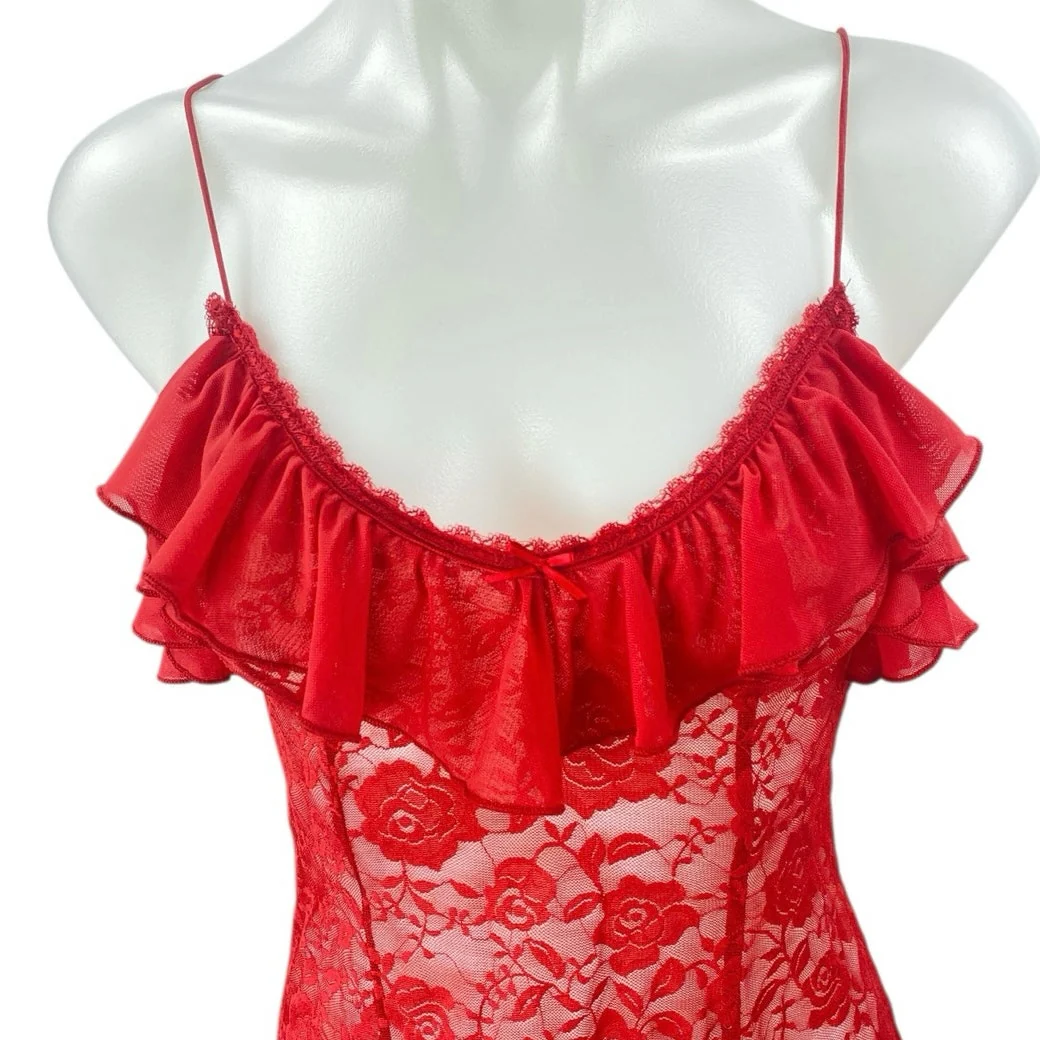 NEW Urban Outfitters Rouge Red Sheer Lace Cami Sleeveless Floral Night Dress XS - Image 3