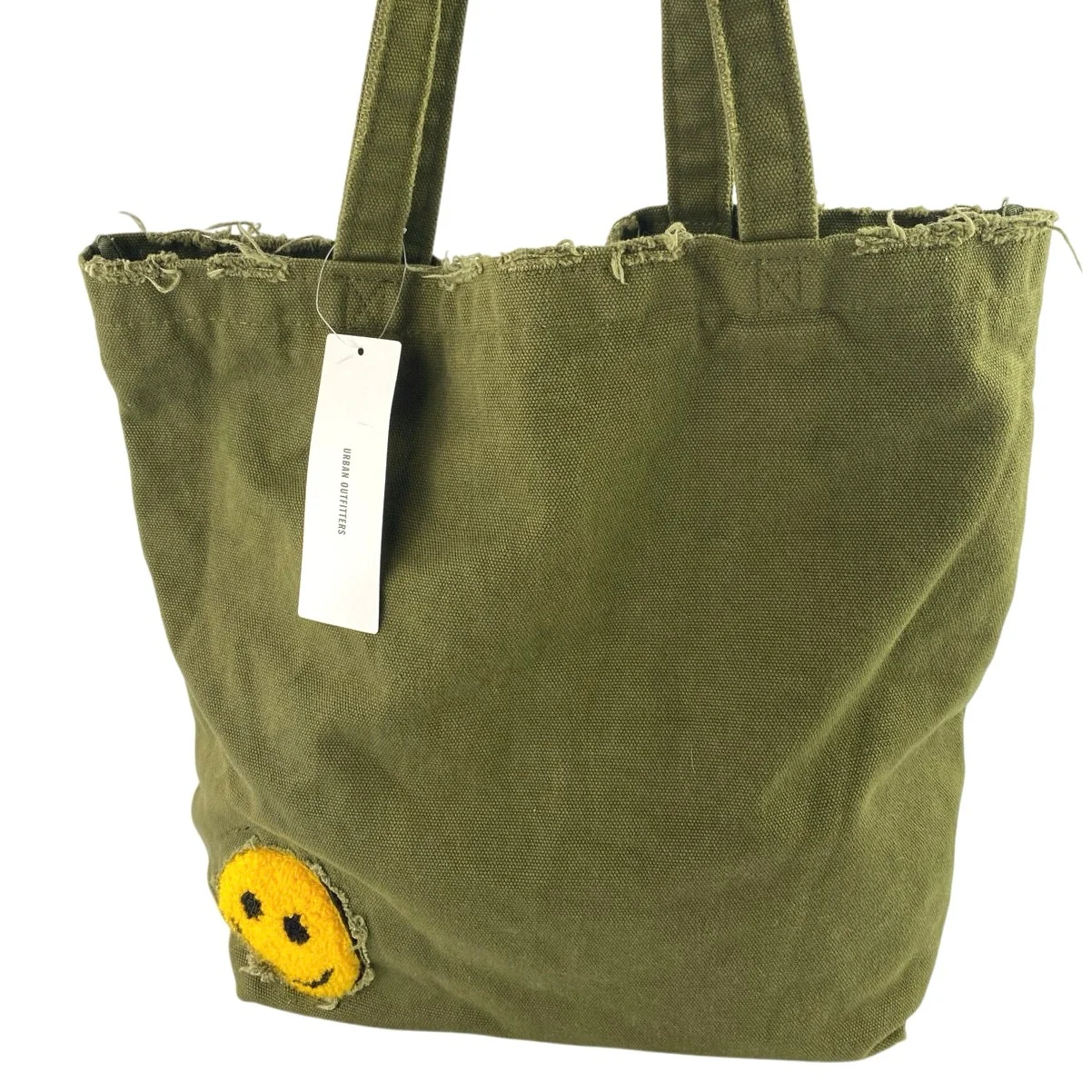 NEW Urban Outfitters Women's Army Green Smiley Patch Distressed Canvas Tote Bag - Image 4