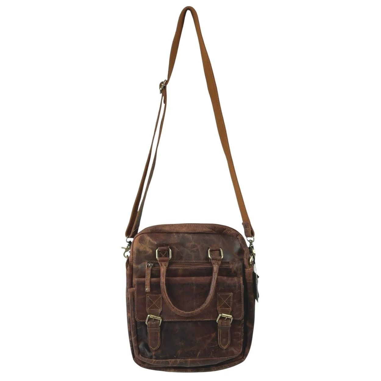 NEW Valenchi Brown Genuine Leather Crossbody Zip Buckle Flap Purse Handbag OS
