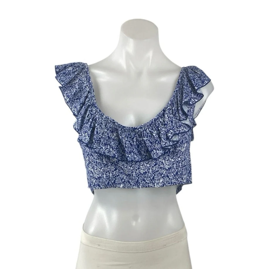 NEW Valija Blue Ruffle Scoop Neck Backless Smocked Printed Boho Crop Top Size L