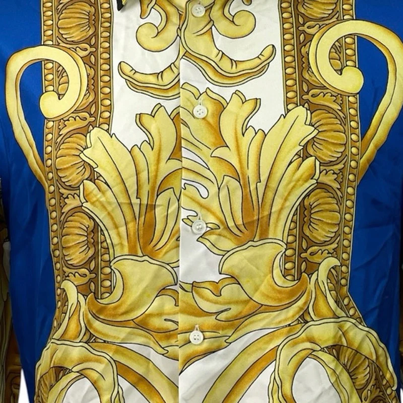 NEW Versace 100% Silk Blue Gold Renaissance Baroque Print Long Sleeve Shirt 48 - Image 4