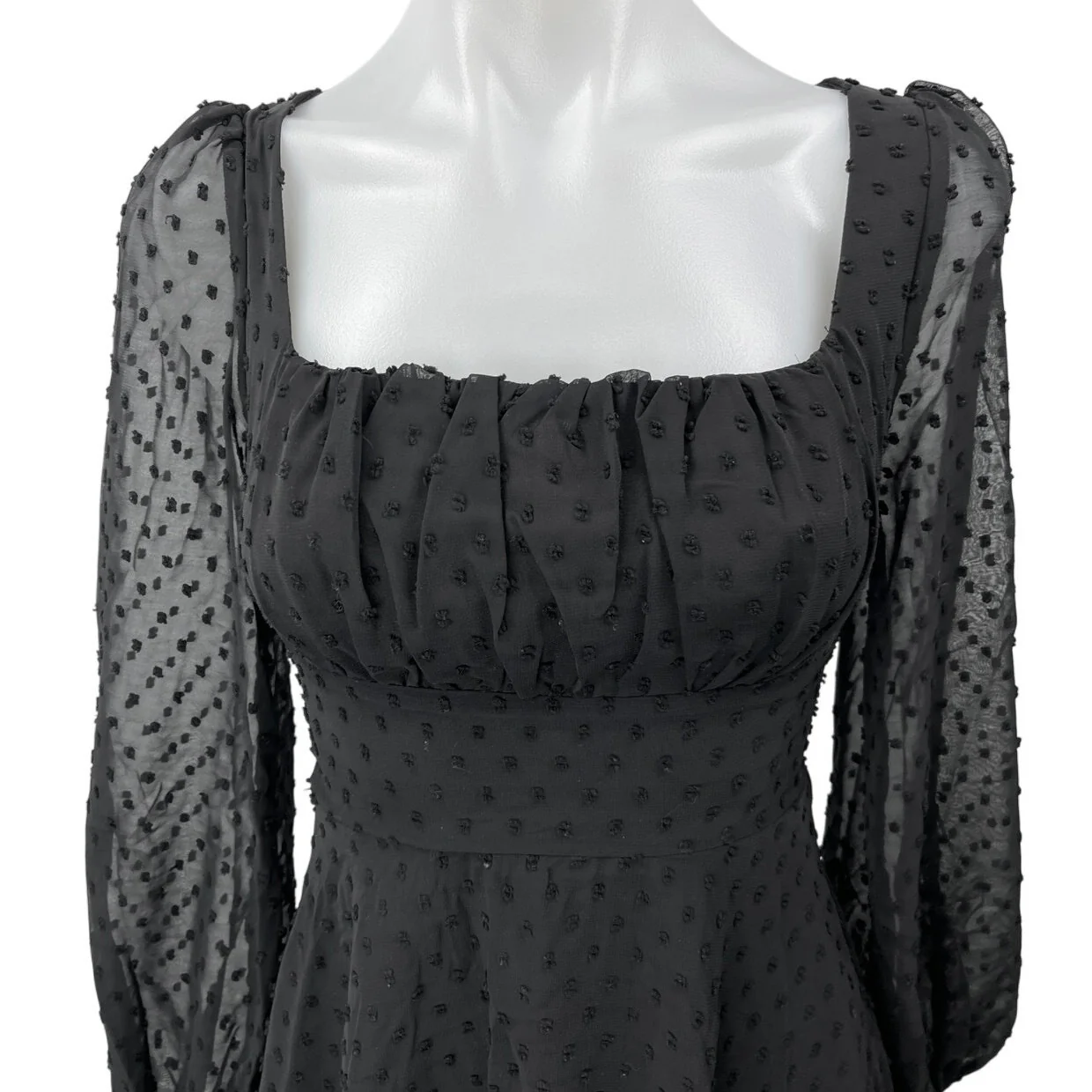 NEW WDIRARA Black Swiss Dot Puff Long Sleeve Mini Fit & Flare A-Line Dress XXS - Image 3