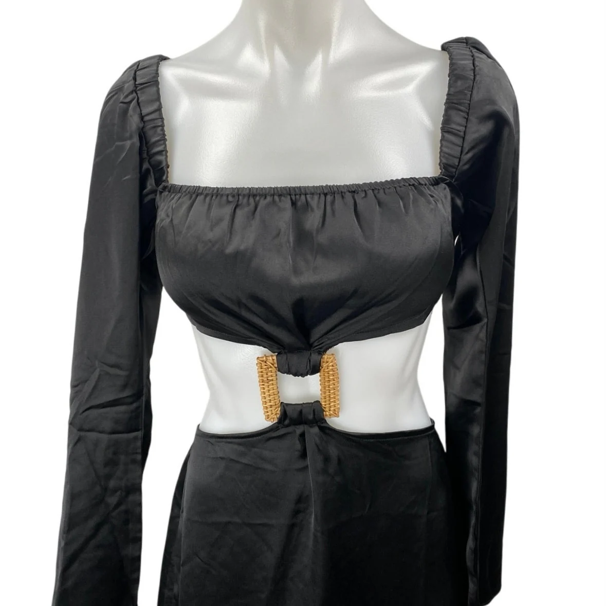 NEW WeWoreWhat Black Long Puff Sleeve Cutout Waist A Line Midi Dress Size XS - Image 3